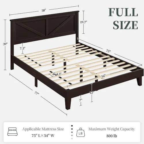 Miniatura 2 de Yaheetech Cama de madera tamaño matrimonial, marco de cama de madera de caucho espresso con cabecera diseñada en V, listones de soporte de madera