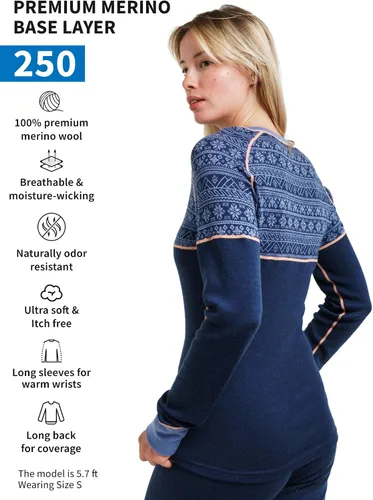 Miniatura 2 de Merino.tech Capa base de lana merina para mujer, 100% lana merina, ligera, de peso medio, manga larga, camisas térmicas + calcetines de lana