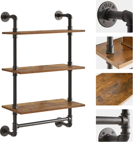 Miniatura 6 de IBUYKE Estante industrial para tubería, estantería de montaje en pared de 40.5 pulgadas, estante de pared de 3 niveles con toallero, estantes