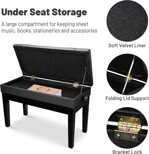 Miniatura 5 de AW Banco de piano dúo con almacenamiento ajustable de madera negra para teclado, asiento cojín de cuero, silla Paino para piano, tienda de música
