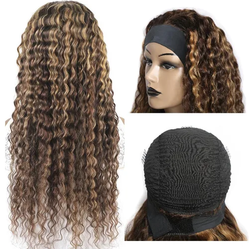 Miniatura 22 de Peluca de cabello humano con diadema de ondas profundas, sin pegamento, pelucas de cabello rizado sin encaje frontal, pelucas de cabello humano