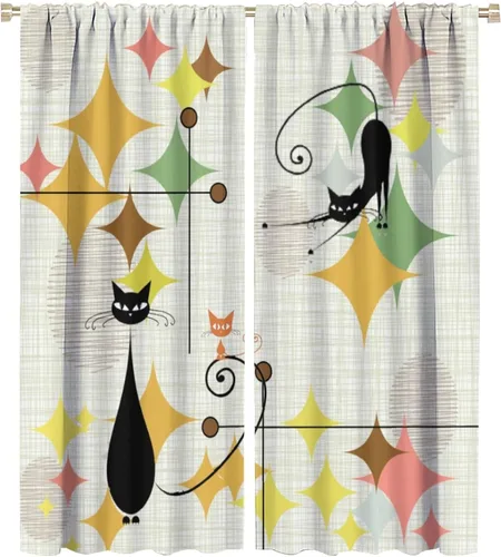 Miniatura 13 de Cortinas de estilo de mediados de siglo, diseño geométrico abstracto moderno, diseño retro, estampado de gato negro, para dormitorio, sala de estar