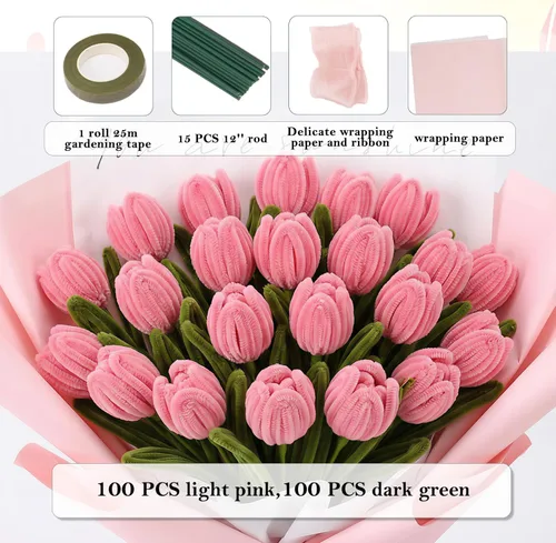 Miniatura 2 de iCraftine Kit de flores limpiadoras de tuberías, incluye tallos de chenilla rosa y verde, tallo floral, cinta de jardinería, cinta para hacer ramo