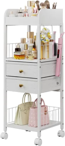 Miniatura 12 de Makeup Organizer Cart, Rolling Floor Skincare Organizer and Storage with 2 Wooden Drawers, Cosmetics Display Cases Holder for Skin Care Perfume Hair
