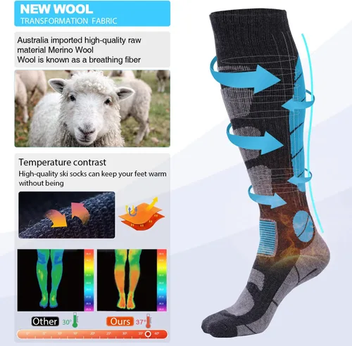 Miniatura 2 de Calcetines de esquí de lana merina térmica hasta la rodilla para invierno, snowboard, deportes, hombres y mujeres, caza