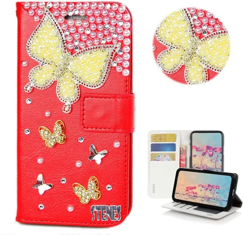 Miniatura 8 de Bling - Funda tipo cartera compatible con Samsung Galaxy S21 Ultra, elegante funda de piel con diseño de libélula y mariposa 3D hecha a mano con Azul
