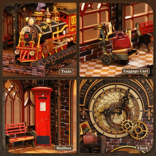 Miniatura 2 de Kit de rincón de libro, kit de casa en miniatura para adultos, rompecabezas LED 3D estación mágica, kit de rincón de libros, fabricado en madera