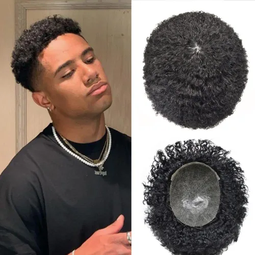 Miniatura 15 de All Poly African American Mens Toupee Unidades de cabello humano brasileño para hombres negros Afro Toupee para hombre negro inyección de PU 1#