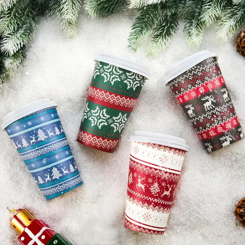 Miniatura 6 de JOYIN 24 piezas de vasos de papel desechables de Navidad, vasos de fiesta de Feliz Navidad de 16 oz con mangas y tapas, 4 diseños de vajilla