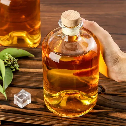 Miniatura 7 de Paquete de 2 botellas de licor de vidrio transparente de base pesada de 25 onzas con tapas de madera en T, botellas de vino transparentes, botellas