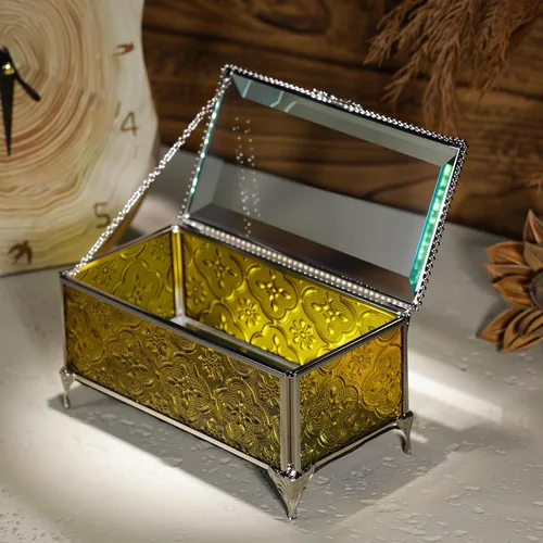Miniatura 4 de Joyero de cristal rectangular vintage con tapa con bisagras, anillo de joyería, pulsera, caja de exhibición de metal de recuerdo, caja
