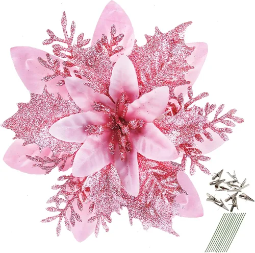 Miniatura 12 de GREENTIME 12 flores de pascua artificiales con purpurina de 5.5 pulgadas, tallos de Navidad, adornos para árbol de Navidad para fiesta de Año Nuevo