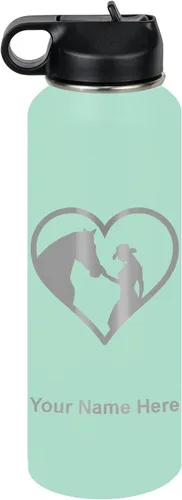 Miniatura 77 de LaserGram Botella de agua personalizada, corazón de vaquera de caballo, acero inoxidable de doble pared aislada al vacío con popote superior, regalo