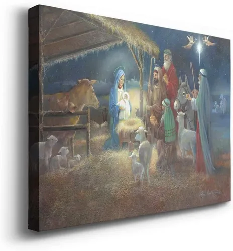 Miniatura 2 de Renditions Gallery El nacimiento de Jesús Cuadro religioso navideño de Jesucristo, María y José en el pesebre, en bastidor listo para exhibir