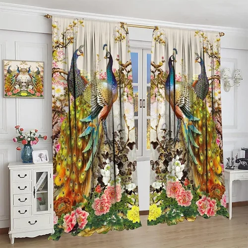 Miniatura 3 de Cortina opaca con estampado de pavo real, con estampado de animales retro, con bolsillo para cortinero y flores de peonía doradas, para dormitorio