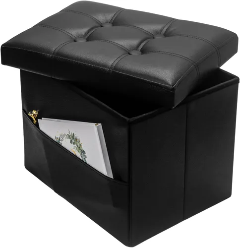 Miniatura 13 de Bsketa Otomana Taburete Reposapiés de Almacenamiento, Banco Pequeño de Otomanas de Almacenamiento de Cuero, Taburete Plegable con Tapa con Asas