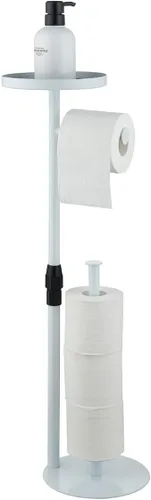 Soporte de papel higiénico para baño, altura ajustable, soporte en el suelo, almacena 4 rollos de reserva, con estante superior de almacenamiento