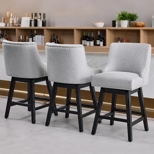 Juego de 3 taburetes de bar giratorios de altura de mostrador, modernos taburetes giratorios de tela de lino con respaldo y patas de madera,