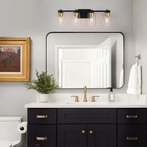 Miniatura 6 de Lámpara de Tocador de Baño de 3 Luces, Accesorios de Iluminación de Baño Negro con Pantalla de Globo de Vidrio Transparente, Aplique de Pared Negro