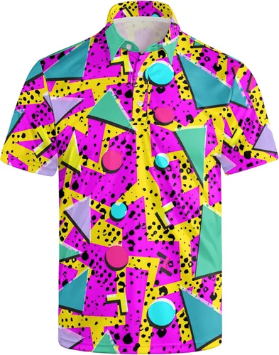 Miniatura 35 de Camisa de golf de los años 80 para hombre, ajuste seco, manga corta, estampada, divertidas, camisas de golf de los años 90 para hombre