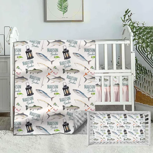 Juego de cama personalizado para cuna para bebés niños y niñas, juego de guardería de pesca personalizado con nombre, juego de 2 piezas: edredón y