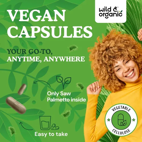 Miniatura 4 de Wild & Organic Cápsulas Saw Palmetto de 500 mg - Soporte del tracto urinario para hombres y mujeres - Suplemento en polvo de palma enana pura