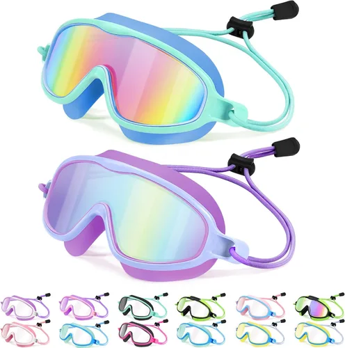 Vvinca Gafas de natación para niños con correa elástica amplia visión anti niebla UV máscara de piscina gafas para 3-10 niños pequeños niñas niños