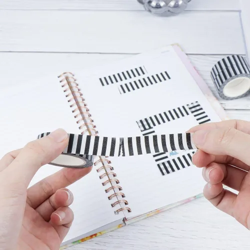 Miniatura 5 de MEI YI TIAN Juego de 3 cintas Washi de rayas negras, etiquetado de papel decorativo, cintas adhesivas para bricolaje, decoración de diario