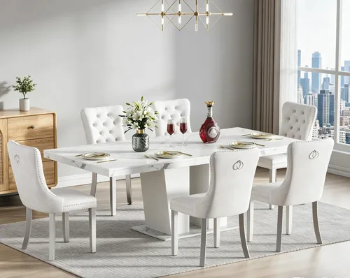 Miniatura 35 de Juego de mesa de comedor extensible de 5 piezas con 4 sillas de tela, mesa extensible marrón con base negra, juego moderno de comedor de madera