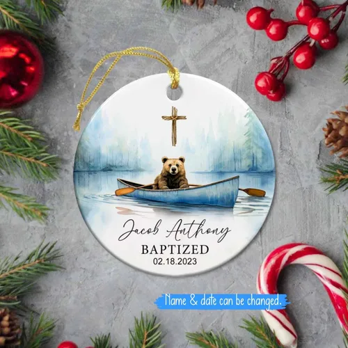 Miniatura 2 de Adorno de cerámica de bautizo bautizado con oso, recuerdo de bautizo personalizado de animales, adorno de bautismo personalizado de Dios bendiga