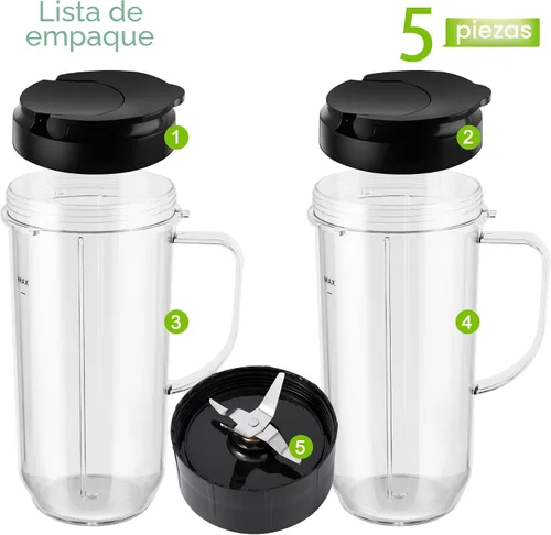Miniatura 2 de 5 tazas de licuadora Magic Bull, taza alta de 22 onzas con tapa abatible para llevar, hoja cruzada, piezas de repuesto de licuadora, taza con mango