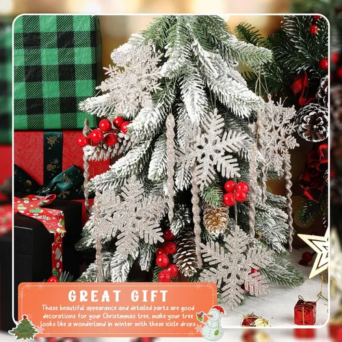 Miniatura 4 de Deekin 72 piezas adornos de carámbano de copo de nieve para árbol de Navidad, carámbanos torcidos de copo de nieve con purpurina, decoraciones