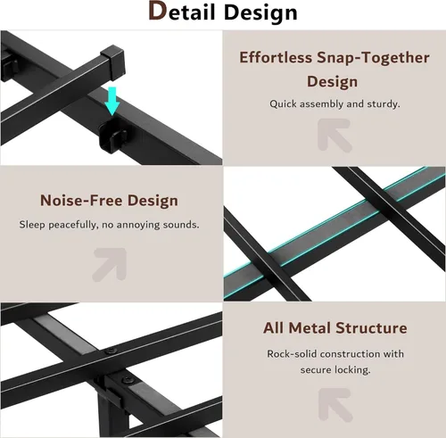 Miniatura 6 de iPormis Base de cama de metal de tamaño completo con estación de carga, cabecera y pie de cama de cuero sintético, soporte de acero resistente, Negro