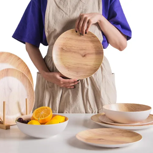 Miniatura 9 de Juego de vajilla de melamina de 16 piezas con aspecto de madera, tazas cuadradas, vasos de madera de grano de madera, platos de plástico