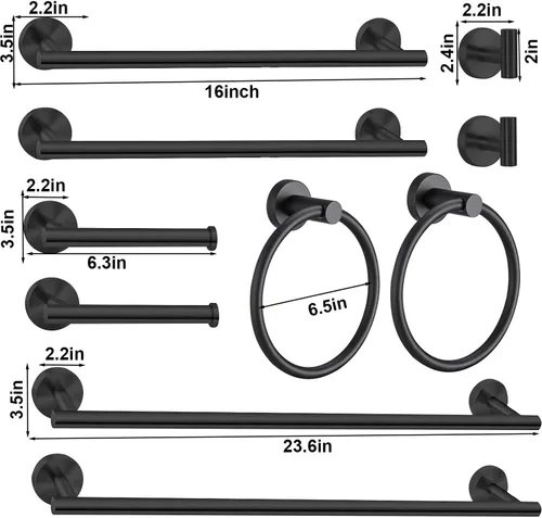Miniatura 2 de Juego de 10 toallas de baño, incluye toalleros de 23.6 y 16 pulgadas, ganchos, anillos y soporte para papel higiénico, color negro Negro mate
