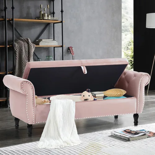 Miniatura 10 de Banco otomano de almacenamiento de terciopelo, banco de mediados de siglo con almohada de almacenamiento y lanzamiento, banco de almacenamiento