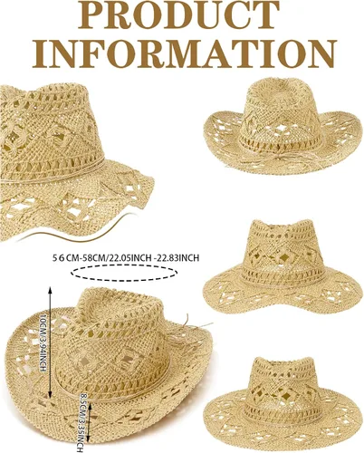 Miniatura 3 de Didaey 2 sombreros de vaquero de paja tejida para mujer, sombrero de vaquera de ala ancha, sombrero de vaquero occidental, para hombres y mujeres