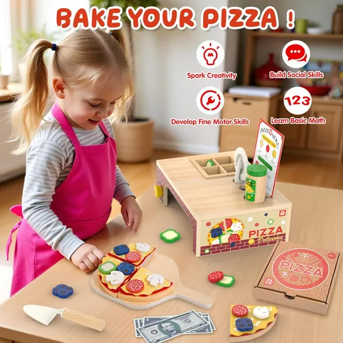 Miniatura 2 de Juguete de Pizza de Madera - Montessori Comida de Juego de Simulación para Edades 3+, Juguete Educativo de Aprendizaje Conjunto de Juego de Madera