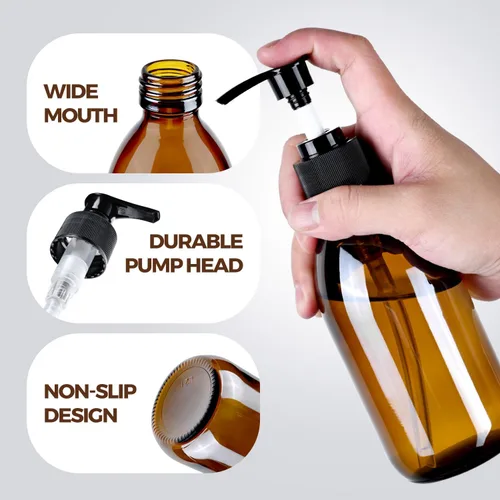 Miniatura 5 de Botella de bomba de vidrio ámbar de 8 onzas, botella dispensadora de jabón de vidrio de 8.5 fl oz para aceite de masaje de loción corporal