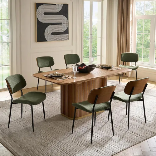 Miniatura 9 de HULALA HOME Juego de 2 sillas de comedor tapizadas modernas de mediados de siglo con respaldo curvado de madera, patas de metal negro, silla de cena