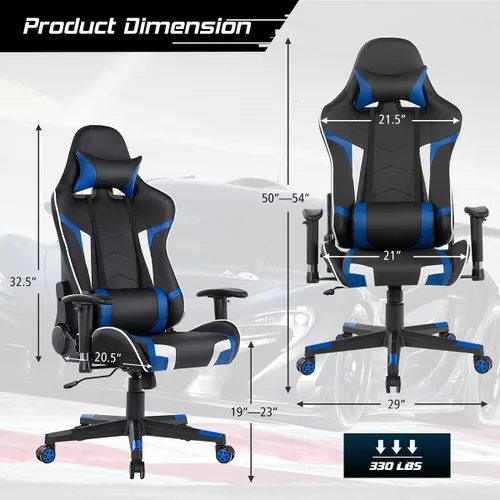 Miniatura 3 de DORTALA Silla ergonómica para videojuegos, silla de carreras de respaldo alto con soporte lumbar de masaje, bolsillo para banco de energía Azul