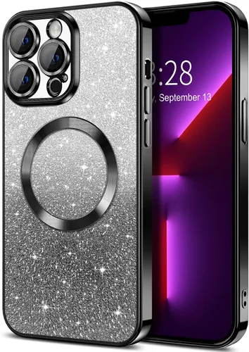 Hython Funda para iPhone 13 Pro transparente con purpurina magnética [compatible con MagSafe] Protector completo de lente de cámara delgado,