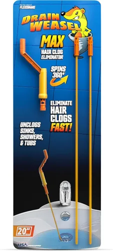 FlexiSnake Drain Weasel MAX - Herramienta removedor de obstrucciones de pelo con mango giratorio y 2 recambios de varita, fabricado en los Estados