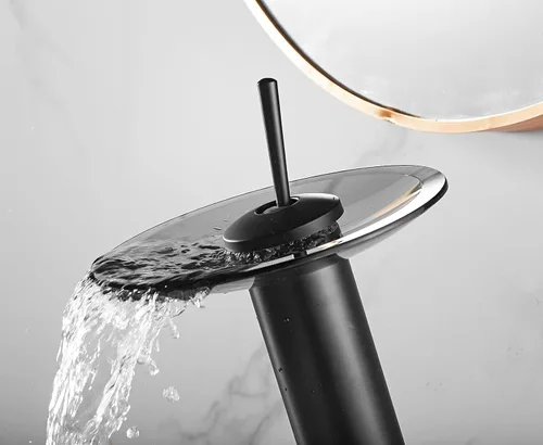 Miniatura 6 de Grifo de baño negro cascada con boquilla de vidrio giratoria de 360 ° con un solo mango, un agujero, latón macizo, grifo de cuenco de baño, lavabo