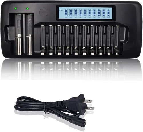CITYORK Cargador de batería universal LCD de 12 bahías para baterías recargables AA AAA NIMH NICD y baterías de litio recargables 18650 18490 17670