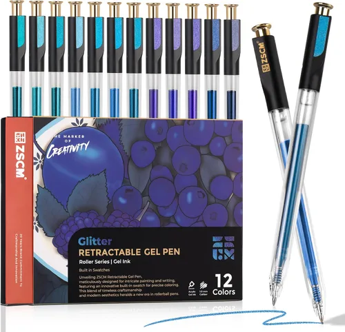 ZSCM Bolígrafos de gel retráctiles con purpurina, 12 colores de gran capacidad, tinta de gel metálica con purpurina azul, punta fina de 0.039 in,