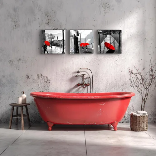 Miniatura 6 de NAN Wind 3 piezas de lienzo moderno Giclée impresiones en blanco y negro con paraguas rojos, lienzo romántico para parejas, pinturas de paisaje rojo