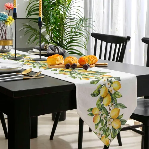 Miniatura 3 de Caminos de mesa triangulares de algodón y lino pequeños de 36 pulgadas, limones de verano, remolinos florales blancos, bufandas de tocador