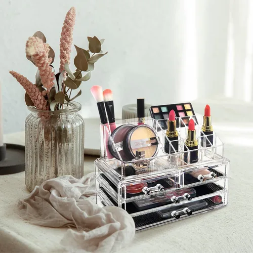 Miniatura 5 de Ikee Design Organizador de maquillaje acrílico con 4 cajones y soportes removibles para lápices labiales en la parte superior, ideal para maquillaje