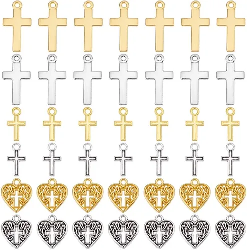 PH PandaHall 120 dijes de cruz, 3 estilos de dijes de cruz de corazón, dije de oro y plata para hacer joyas de Pascua, pulseras, collares,